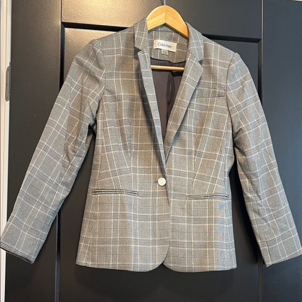 Calvin Klein Gray Plaid Single-Button Blazer